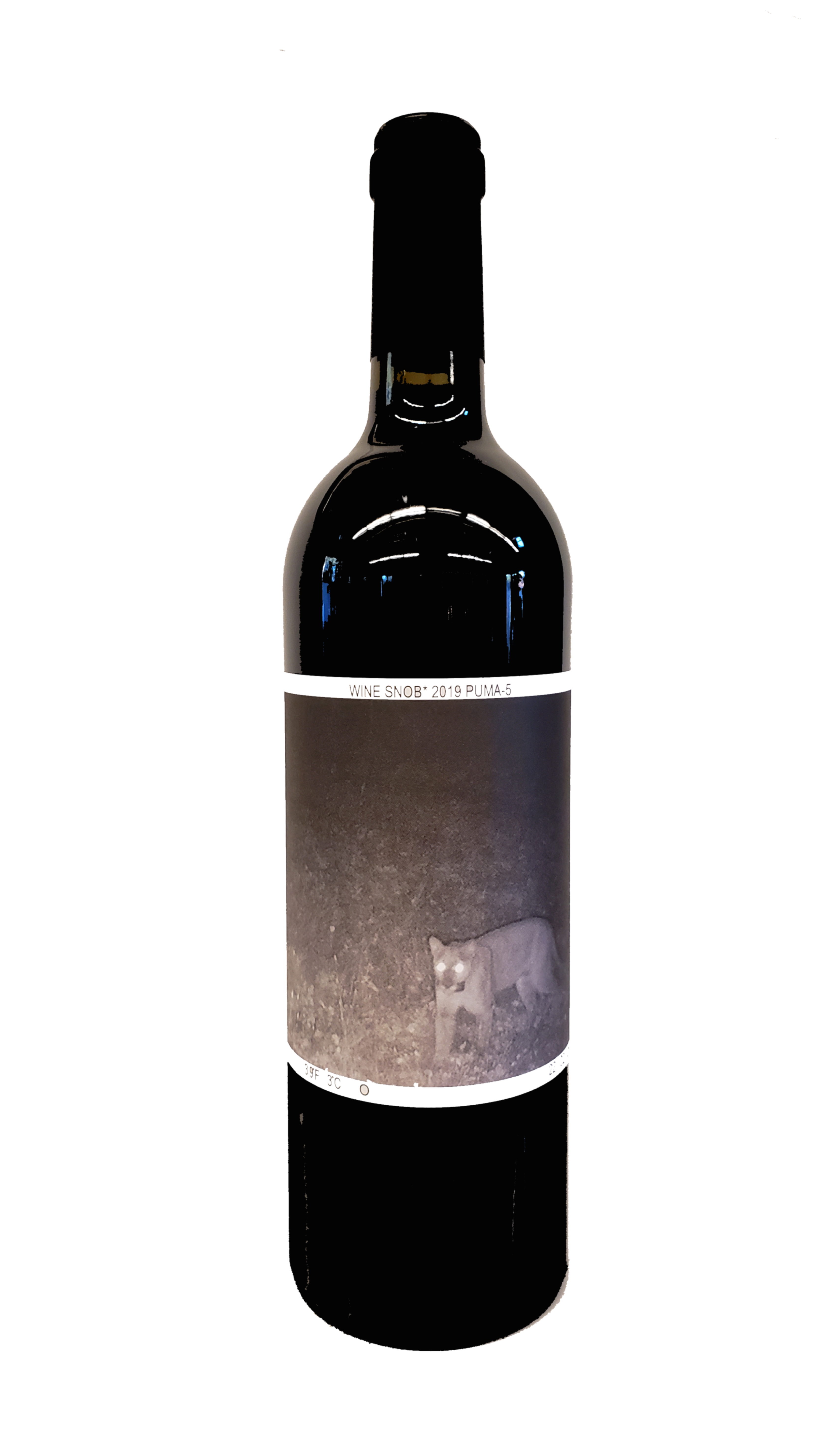 Bordeaux-style bottle with the Wine Snob* 2019 Puma-5 label showing a black-and-white photo of Puma-5, a mountain lion.