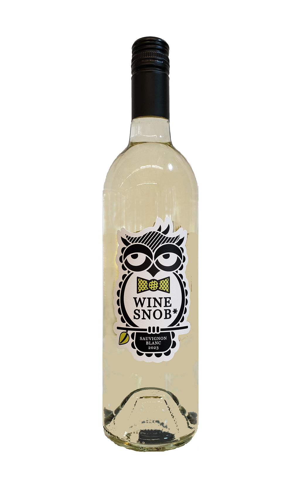 Bordeaux-style bottle with the Wine Snob* 2023 Sauvignon Blanc label showing an owl perched on a stick with a leaf, slightly rolling its eyes, and wearing a lime green bowtie with white polka dots.