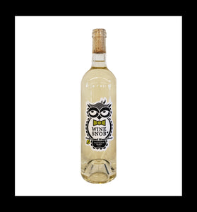 Bordeaux-style bottle with the Wine Snob* 2021 Sauvignon Blanc label showing an owl perched on a stick with a leaf, slightly rolling its eyes, and wearing a lime green bowtie with white polka dots.