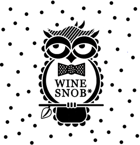 The Wine Snob* owl logo surrounded by black polka dots.