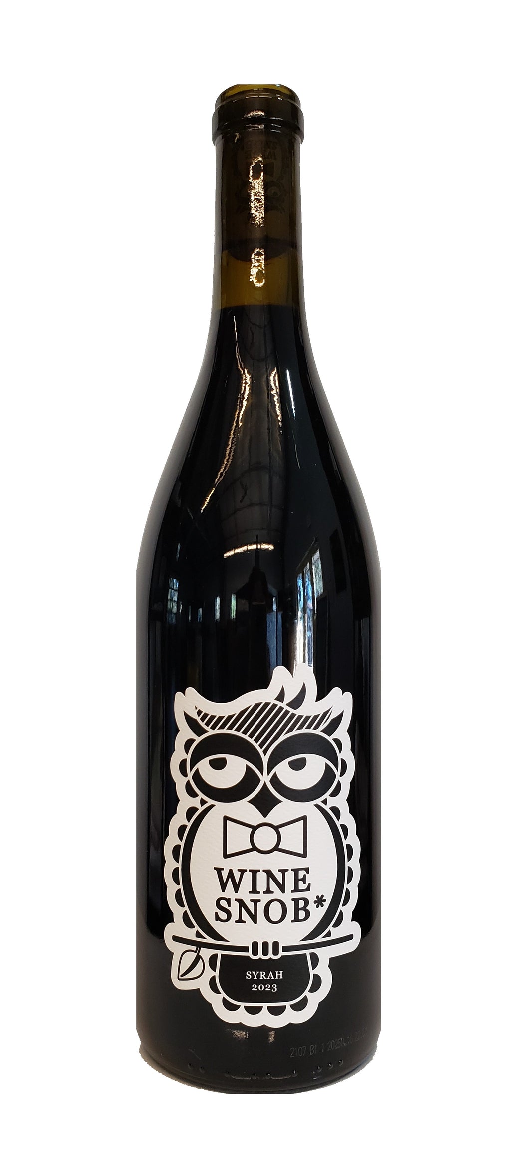 Wine bottle with Wine Snob* label on a white background