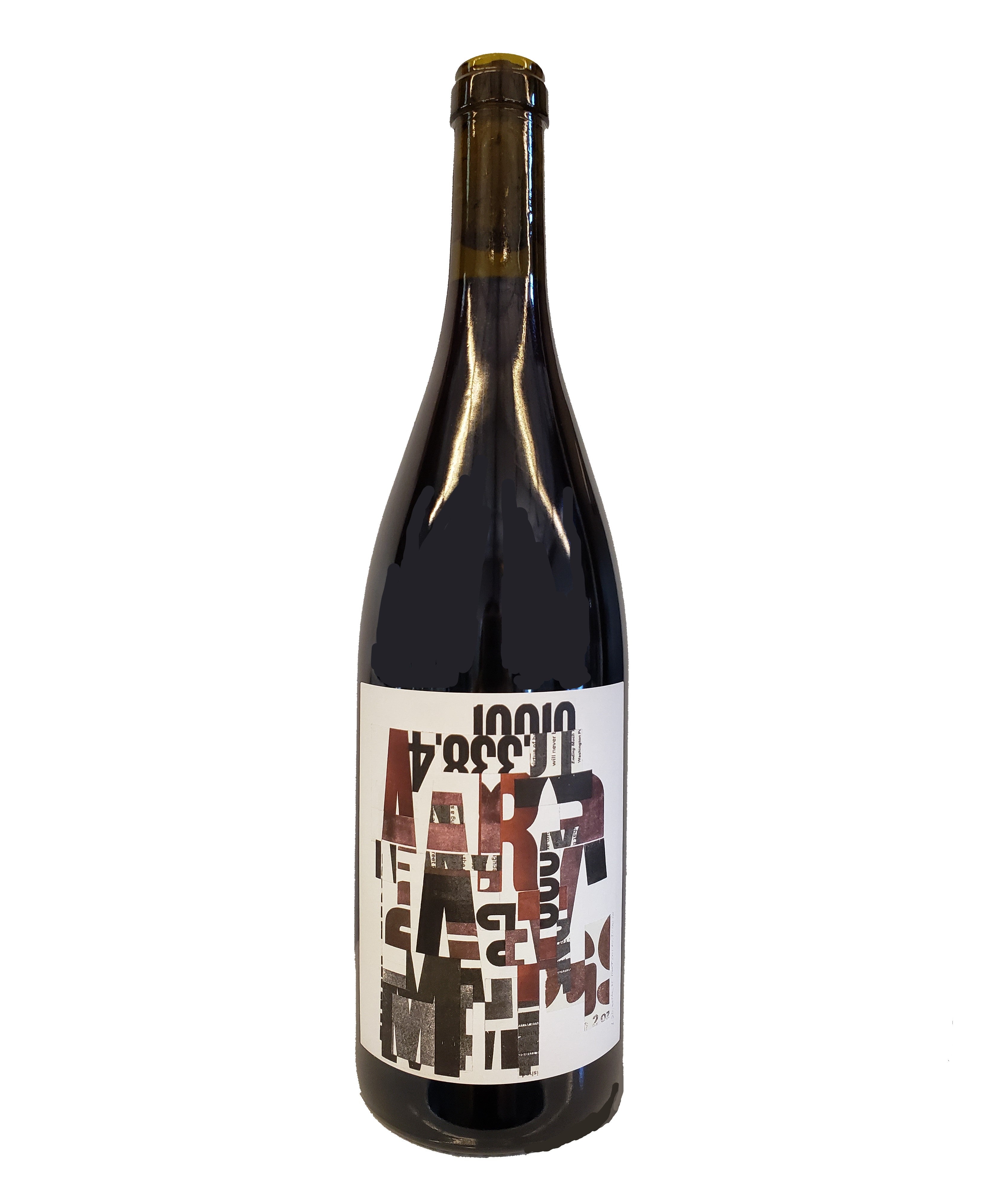 Burgundy-style bottle with the Wine Snob* 2020 Pinot Noir label featuring artwork by Laurie Szujewska. The artwork is a collage of letters and numbers in shades of brown, grey, and black, with a white background.