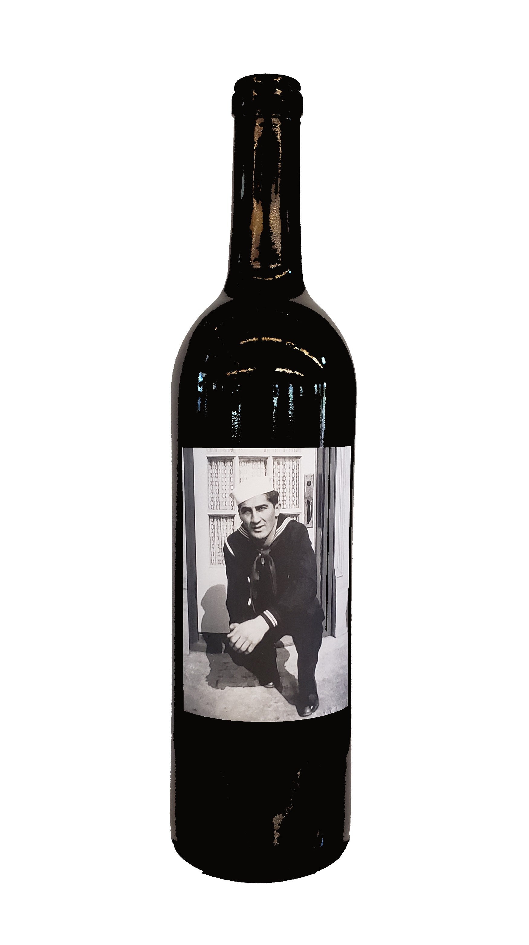 Bordeaux-style bottle with label with a black-and-white photo of man in uniform kneeling on front porch step and looking at the camera.