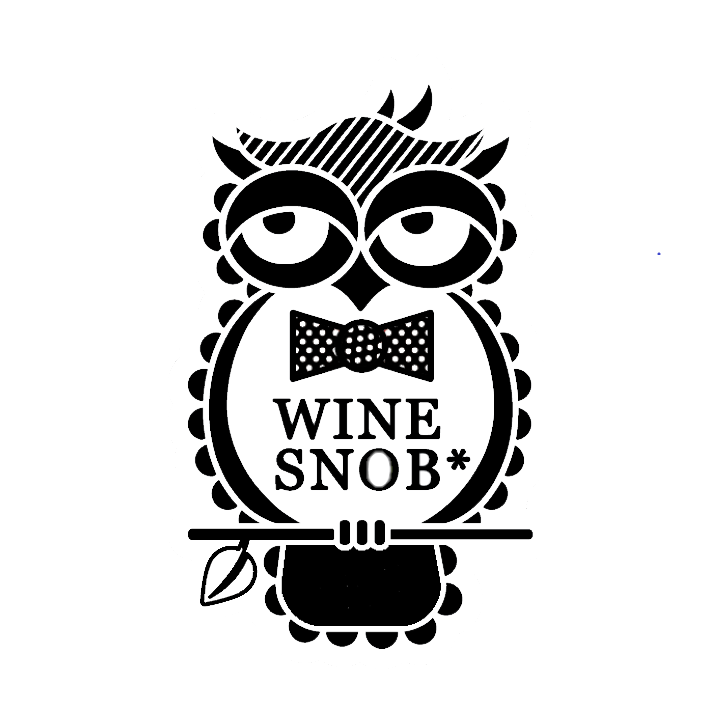 The Wine Snob* owl logo, which is an owl that is perched on a stick with a leaf, slightly rolling its eyes and wearing a black bowtie with white polka dots.