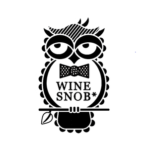The Wine Snob* owl logo, which is an owl that is perched on a stick with a leaf, slightly rolling its eyes and wearing a black bowtie with white polka dots.